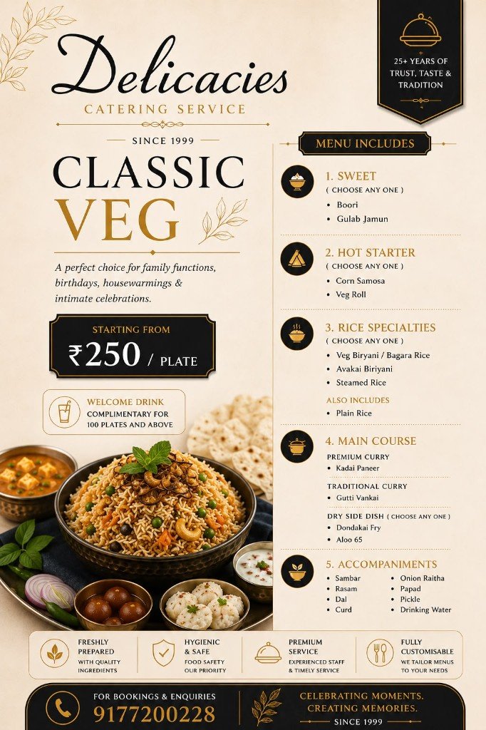 Classic Veg catering menu by Delicacies