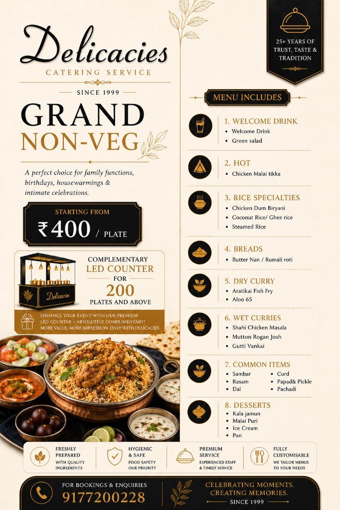 Grand Non-Veg catering menu by Delicacies